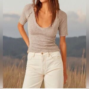 Free People Beige Scoop Neck Short Sleeve Top